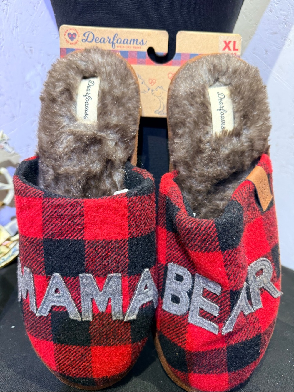 Deer Stags Red and Black Buffalo Plaid 'MAMA BEAR' Slip-On Slippers
